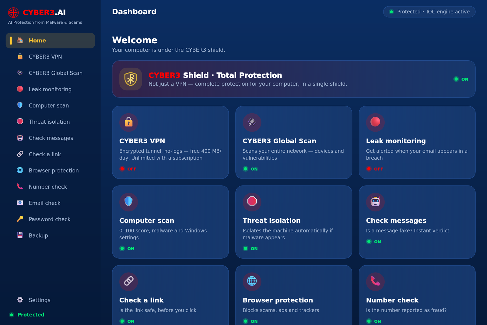 CYBER3.AI Windows — dashboard