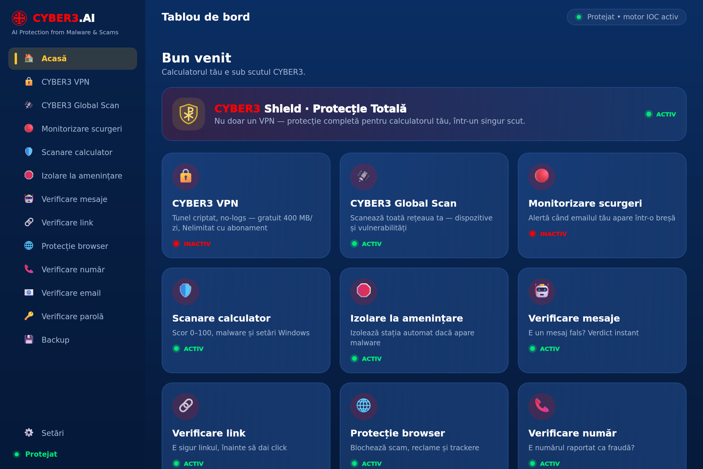 CYBER3.AI Windows — dashboard