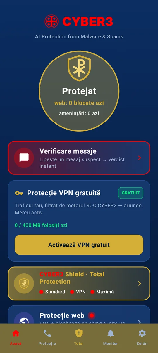 CYBER3 Mobile Protection — Ecran principal